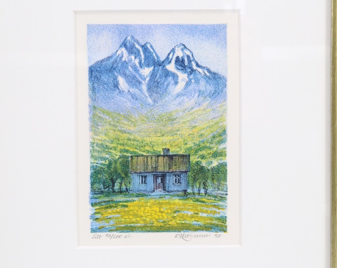 1990 Norwegian Lithograph | Mountain Landscape with Cabin | Vintage Scandinavian Nature Art Print | Signed Nordic Wall Decor