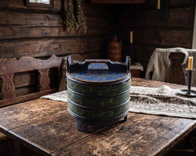 Antique Norwegian Bentwood Box 1891 | Folk Art Round Tine Box | Initialed M.O.D. | Rustic Scandinavian Farmhouse Storage Container