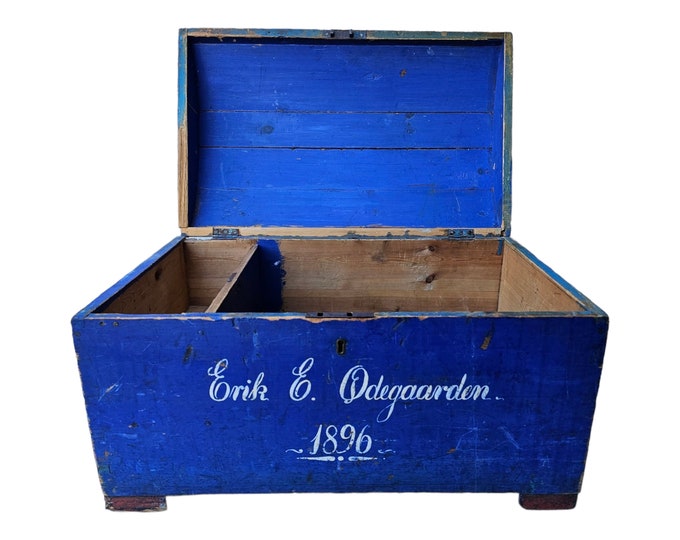Antique 19th Century Transport Chest - Hand-Forged Fittings, Rich Blue Patina