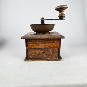 Handcrafted Oak Wood Vintage Coffee Grinder - Rustic Kitchen Decor - Unique 1900s Norwegian Tool