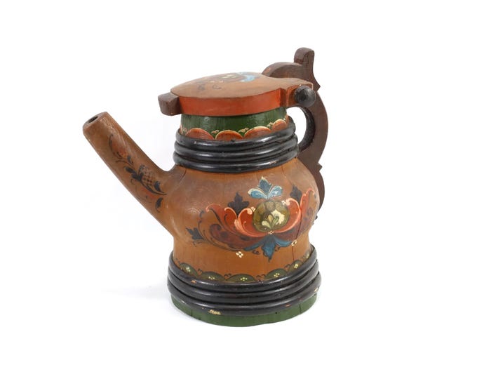 Vintage Norwegian Ale Jug - Telemark Folk Art Rosemaling Beer Pitcher - Hand Painted Decorative Wooden Tankard 1970s