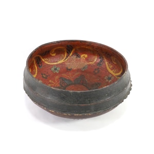 Antique 18th Century Norwegian Ale Bowl - Hand Carved Wooden Folk Art Vessel with Primitive Rosemaling Interior and Signed Initials