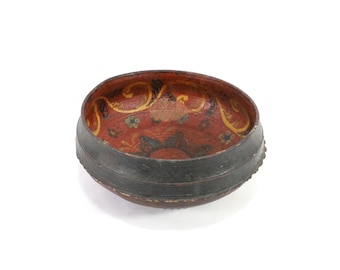 Antique 18th Century Norwegian Ale Bowl - Hand Carved Wooden Folk Art Vessel with Primitive Rosemaling Interior and Signed Initials