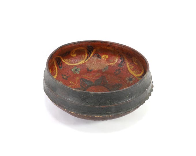 Antique 18th Century Norwegian Ale Bowl - Hand Carved Wooden Folk Art Vessel with Primitive Rosemaling Interior and Signed Initials