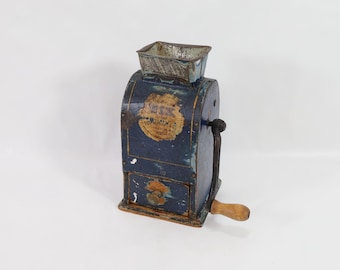 Antique Swedish Coffee Grinder - 1800s Metal & Wood - Beautiful Worn Blue Patina - Unique Gift