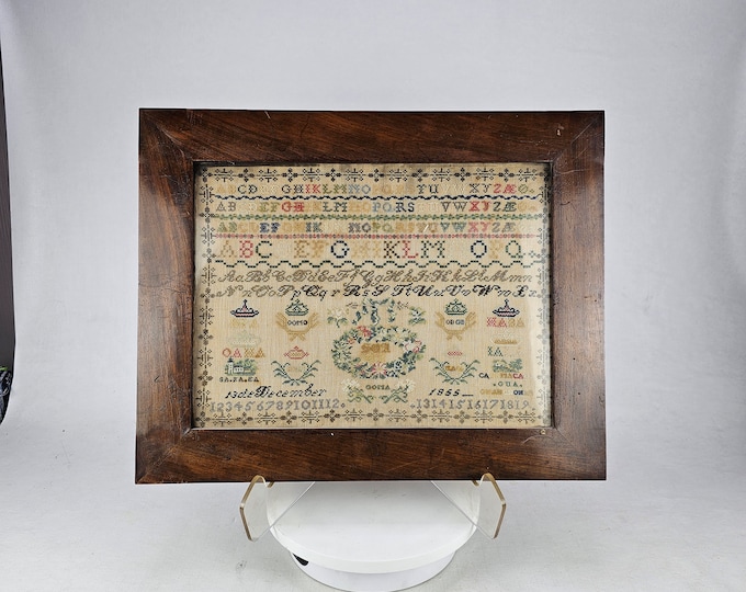 Rare Antique Norwegian 19th C Dated 1855 Whitework Sampler - Norwegian Alphabet and Number Sampler with Beautiful Church Motif