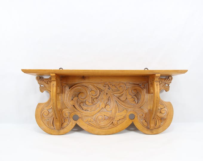 Norwegian Folk Art Wall Shelf 1920s | Hand Carved Wooden Shelf with Viking Dragon Motif | Scandinavian Decorative Wall Shelf
