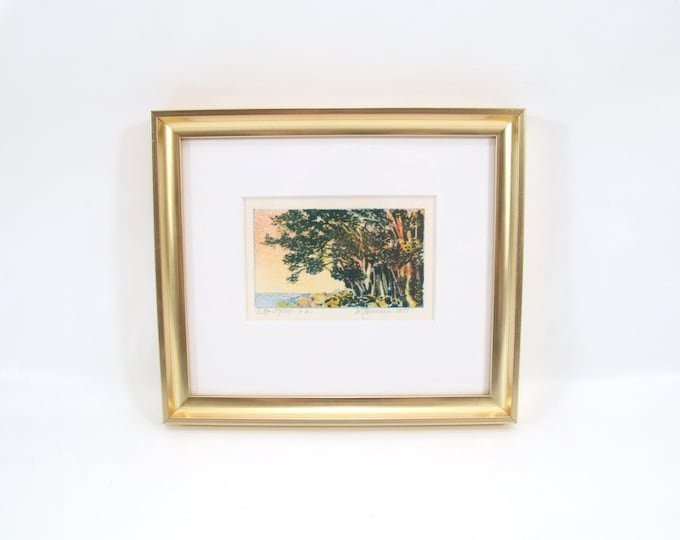 1981 Norwegian Lithograph | Trees by the Shore | Vintage Scandinavian Landscape Art Print | Signed Nordic Nature Scene | Framed Wood Decor