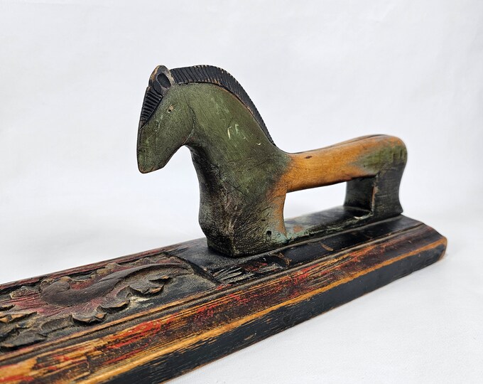 Antique Norwegian Folk Art Mangle Board 1775 with Horse Handle - Scandinavian Chip Carved Primitive Tool