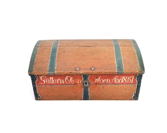 Antique Norwegian Telemark Painted Chest 1851 Trunk – Rustic Folk Art Box with Rosemaling Patina – Scandinavian Vintage Storage
