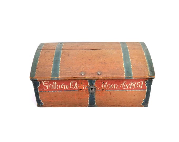 Antique Norwegian Telemark Painted Chest 1851 Trunk – Rustic Folk Art Box with Rosemaling Patina – Scandinavian Vintage Storage