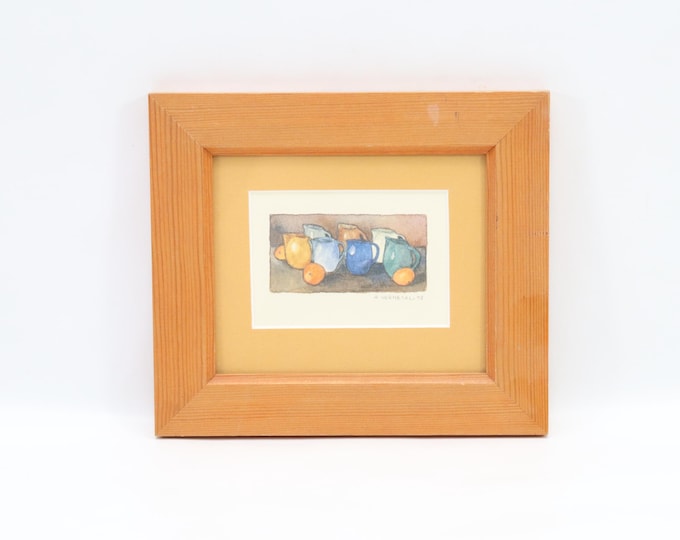 Signed A. Vermedal 1995 Still Life Print – Scandinavian Vintage Wall Art with Colorful Mugs and Oranges, Framed Kitchen Decor