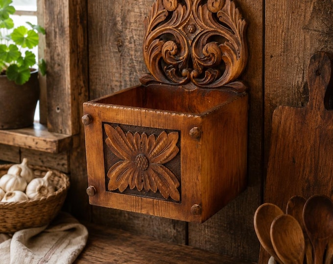 Vintage Norwegian Hand Carved Wooden Salt Box | Folk Art Wall Hanging Saltkar Cellar | Rustic Scandinavian Cabin Kitchen Chalet Decor