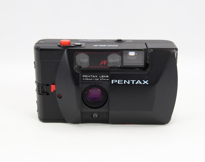 Vintage Pentax PC35AF 35mm Point and Shoot Camera | 1980s Compact Film Camera | Red Shutter AF Clamshell Classic Design