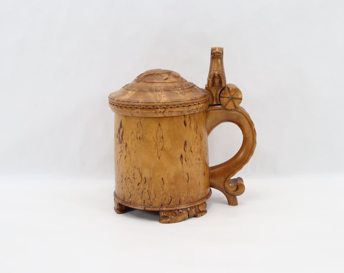 Antique Norwegian Løvekrus Lion Tankard | Late 1800s Hand Carved Wood Beer Mug | Scandinavian Folk Art Vessel Decor with Lion Lid Top