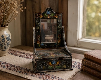 Antique Norwegian Rosemaled Vanity Mirror Cabinet 1920 – Folk Art Wooden Dressing Mirror with Drawer – Hand Painted Green Scandinavian Decor