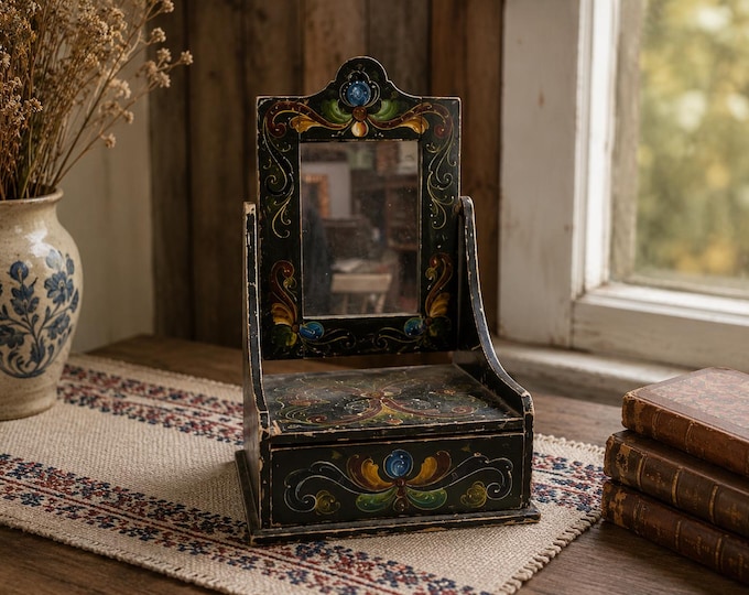 Antique Norwegian Rosemaled Vanity Mirror Cabinet 1920 – Folk Art Wooden Dressing Mirror with Drawer – Hand Painted Green Scandinavian Decor