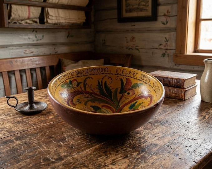 1929 Norwegian Folk Art Ale Bowl | Hand Turned Wooden Drinking Bowl With Rosemaling Inscription And Traditional Red Finish