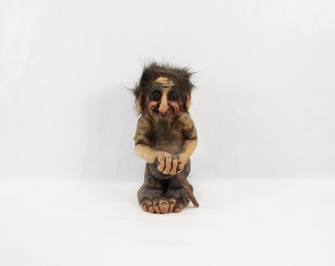 Large NyForm Troll Figurine | Bearded Elder with Walking Stick | Norwegian 1970s Folk Art | Vintage Scandinavian Decor