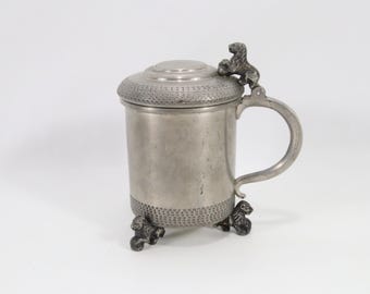 Vintage Norwegian Pewter Lion Tankard | Marked 124 Tinn | Lidded Scandinavian Mug with Lion Finial & Feet | Mid-Century Nordic Decor