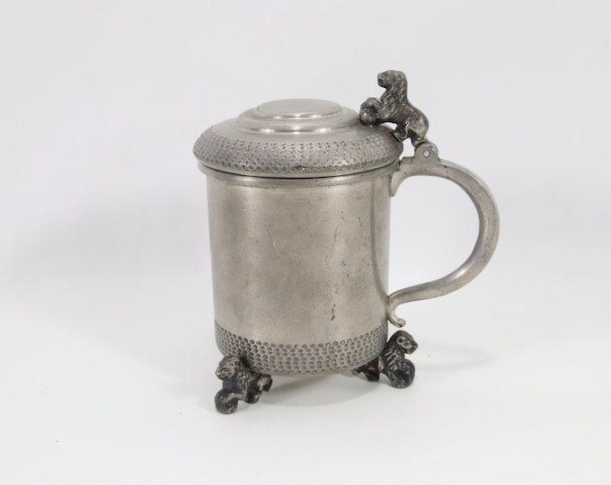 Vintage Norwegian Pewter Lion Tankard | Marked 124 Tinn | Lidded Scandinavian Mug with Lion Finial & Feet | Mid-Century Nordic Decor
