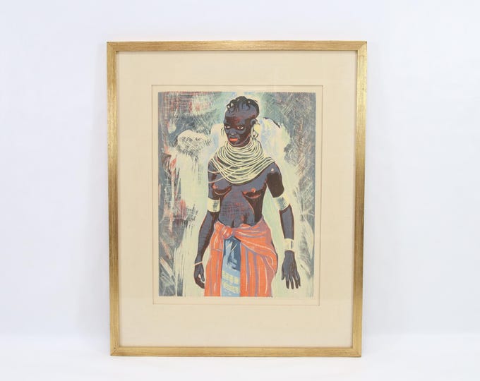 Mid-Century Scandinavian Woodcut Print by Oskar Sundberg – Signed Multicolor Portrait Art, Vintage Framed Modernist Artwork