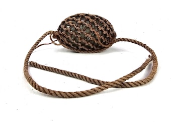 Vintage Norwegian Fishing Float Set | Dark Olive Green Hand Blown Glass Float with Netted Hemp Rope | Early 1900s Maritime Decor