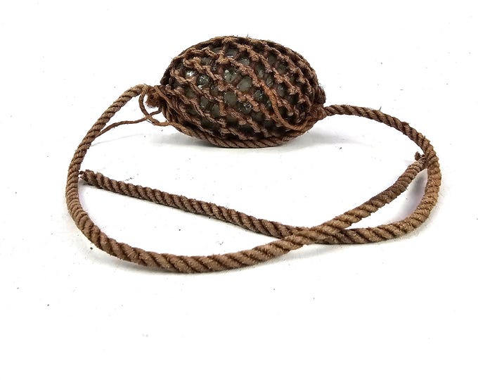 Vintage Norwegian Fishing Float Set | Dark Olive Green Hand Blown Glass Float with Netted Hemp Rope | Early 1900s Maritime Decor