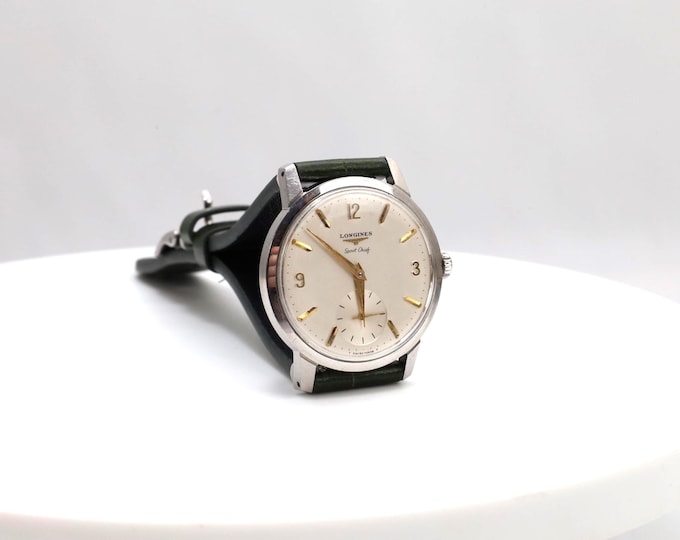 Longines Sport Chief chronograph - Vintage Watch 34mm - Swiss Made - Serviced - New Green Leather Strap - Classic Dress Watch