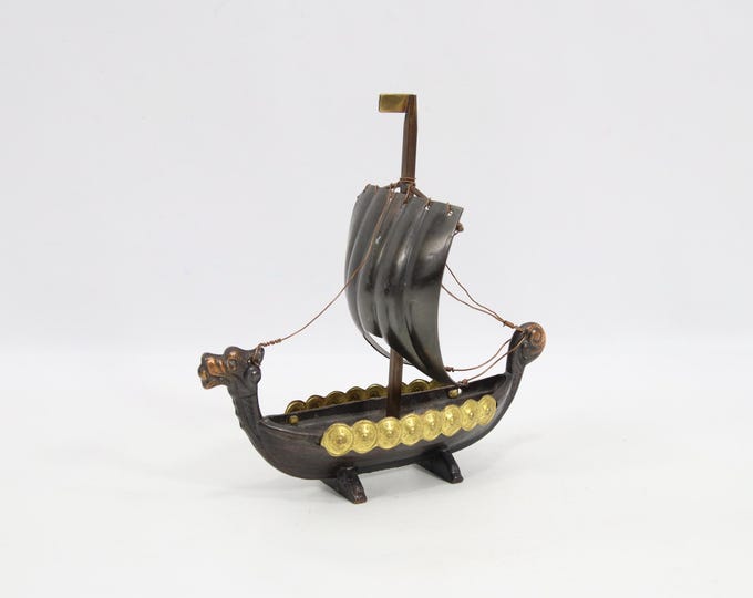 Vintage Danish Viking Longship Sculpture | Attributed to Edward Aagaard | Bronze and Brass Iron Art | Nordic Nautical Shelf Decor Art
