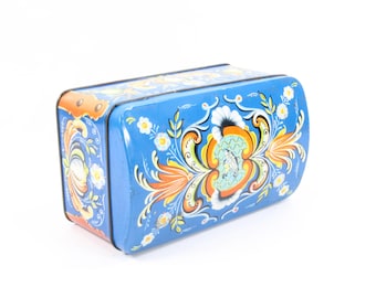 Norwegian Tin Box by Chr. Bjelland | Advertising Box | Mid-Century Decor | Scandinavian Design | Rosemaled Pattern