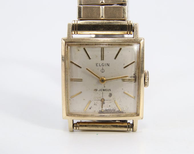 Elgin 10k Gold Filled Vintage Automatic Watch | 26mm Square 1950s–60s | 19 Jewels | Original Crystal | Stretch Bracelet | Mid-Century
