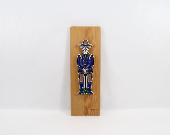 Vintage Konrad Galaaen Rallar Man Wall Plaque - 1970s Porsgrund Porcelain, Norwegian Ceramic Relief on Wood