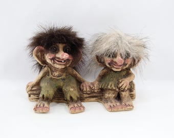 NyForm Troll Couple Sitting On Log | Norwegian Ny Form Troll Figure 175 | Handmade Norway Folk Art Troll Pair | Vintage 1980s Collectible