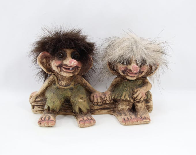 NyForm Troll Couple Sitting On Log | Norwegian Ny Form Troll Figure 175 | Handmade Norway Folk Art Troll Pair | Vintage 1980s Collectible