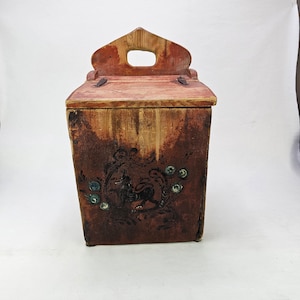 Authentic Norwegian Handmade Gift - Rare 1800s Flour Wall Box - Rustic Primitive Decor - Painted national lion folkart