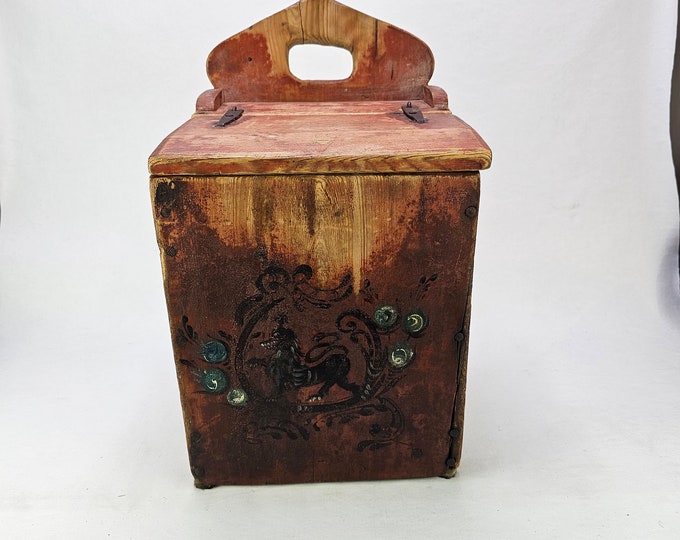Authentic Norwegian Handmade Gift - Rare 1800s Flour Wall Box - Rustic Primitive Decor - Painted national lion folkart