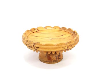 Hand Carved Birch Wooden Cake Stand | Signed 2005 Folk Art Pedestal Plate | Scandinavian Rustic Kitchen Decor | Unique Display Stand