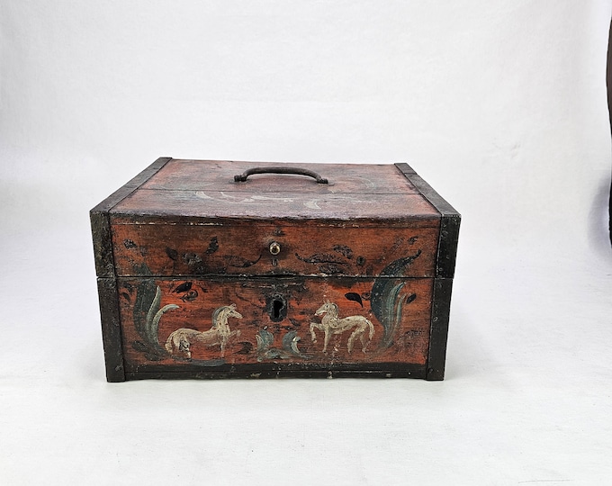 Unique Rustic Wooden Chest with Norwegian Horse Figure Paint - Vintage Folkart Storage Solution - Unique decor chest