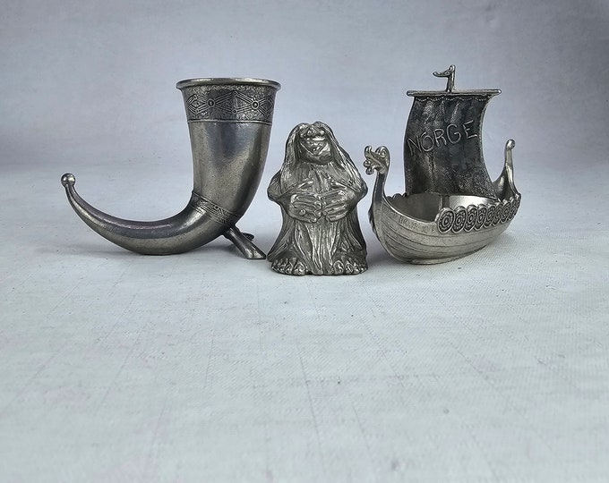 Vintage Norwegian Pewter Lot: Viking Ship, Troll Figure, Drinking Horn - Handmade Souvenirs from Norway