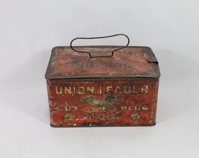 Antique Tobacco Tin | Union Leader Cut Plug | Metal Lunch Box Tin | Vintage Collectible | Early 1900s Nostalgia