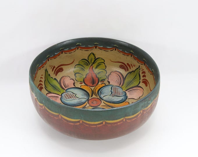 Antique Norwegian Rosemaling Wooden Bowl | Late 1800s Folk Art | Hand Painted Floral Design | Rustic Nordic Wall or Table Decor