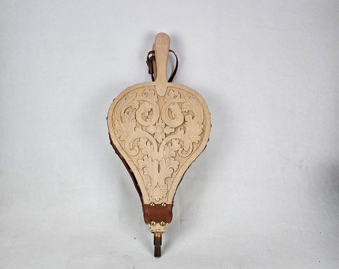 Handcarved Wooden Fireplace Blower with Rose Carving - Norwegian Handmade Décor - Vintage handmade wooden
