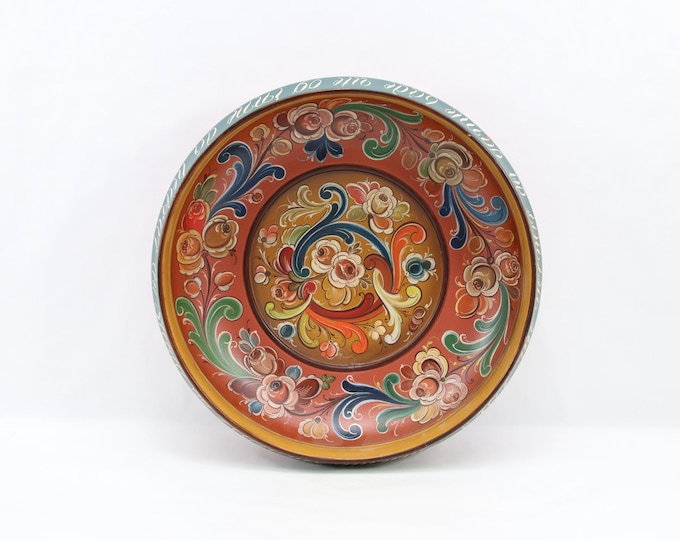 Large Norwegian Rosemaling Wooden Bowl Signed Knut K Hovden 1970s Hand Painted Folk Art Decorative Wall Hanging Dish