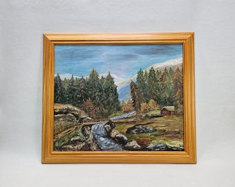 Stunning painting with Norwegian forest landscape, cottage decor, Farm house decor, painting wall hanging, One of a kind painting, gift wife