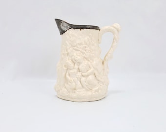 Antique Parian Ware Pitcher Babes in the Wood Relief Staffordshire 19th Century White Ceramic Jug 11.1cm