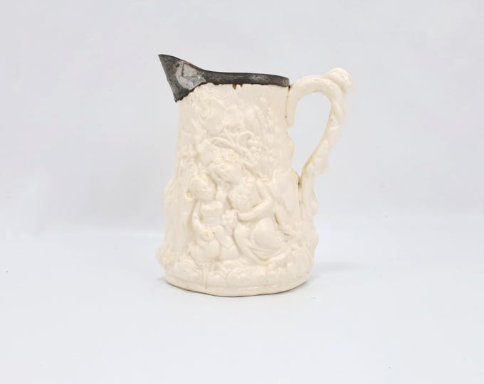 Antique Parian Ware Pitcher Babes in the Wood Relief Staffordshire 19th Century White Ceramic Jug 11.1cm