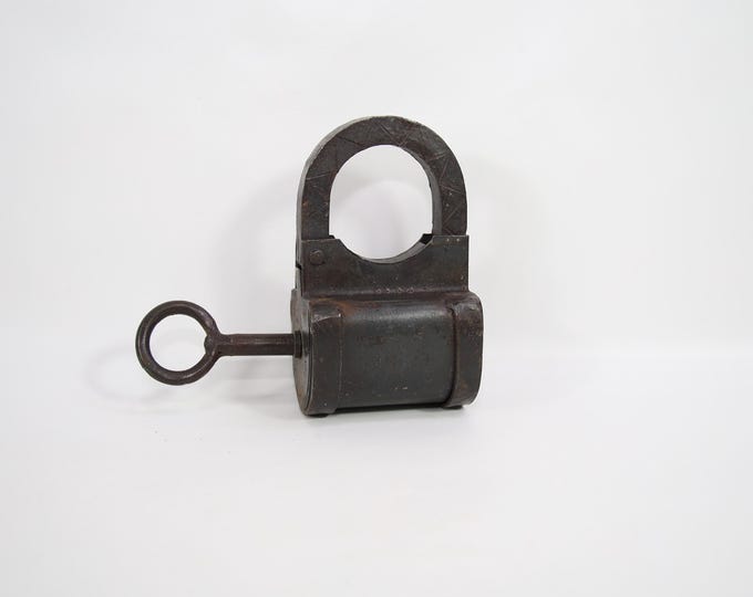 Antique 20th Century Norwegian Hand Forged Barrel Shaped Pad Lock with Functional Key