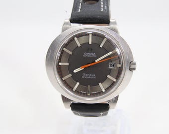Vintage Omega Genève Dynamic Automatic Wristwatch | Swiss Steel Watch With Date | Grey Dial And Orange Seconds Hand