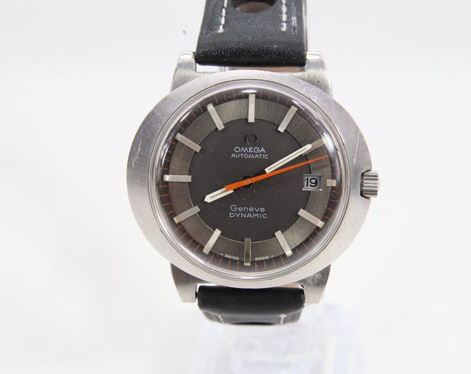 Vintage Omega Genève Dynamic Automatic Wristwatch | Swiss Steel Watch With Date | Grey Dial And Orange Seconds Hand